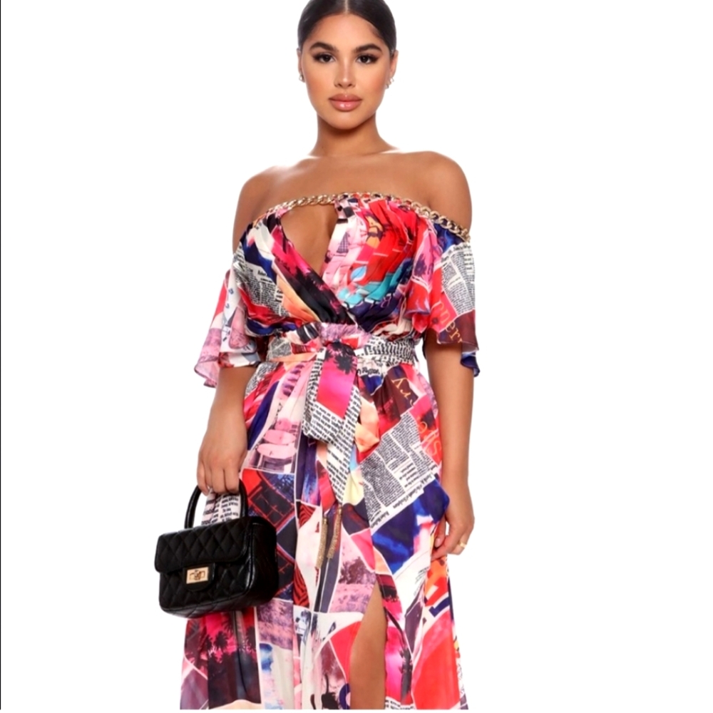 L'ATISTE Vibrant Multicolor Vogue Gold Chain Resortwear Magazine Pics Maxidress
